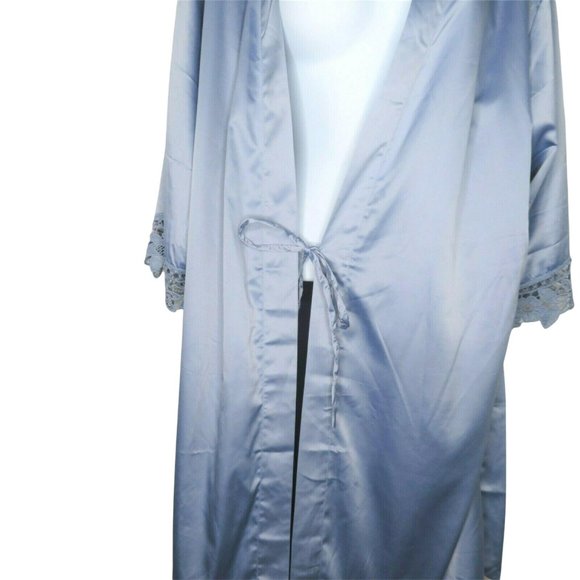 Vintage Blue Satin Dressing Bath Robe One Size Wide Lace Trim Knee Length Belted - Picture 4 of 12